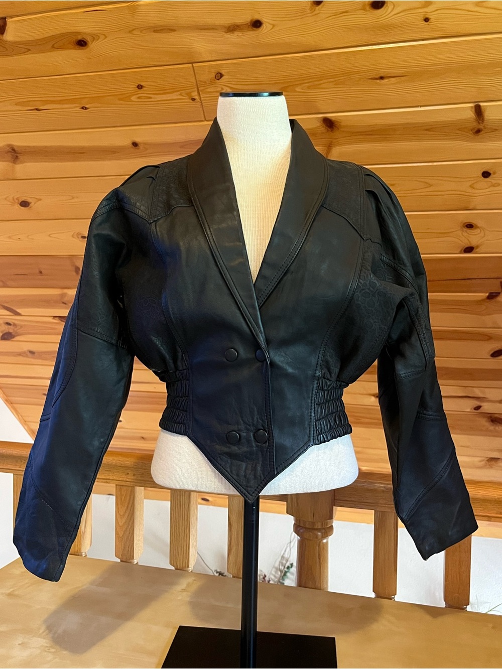 80s Vintage Women's Black Animal Print Leather Short Leather Jacket Size S